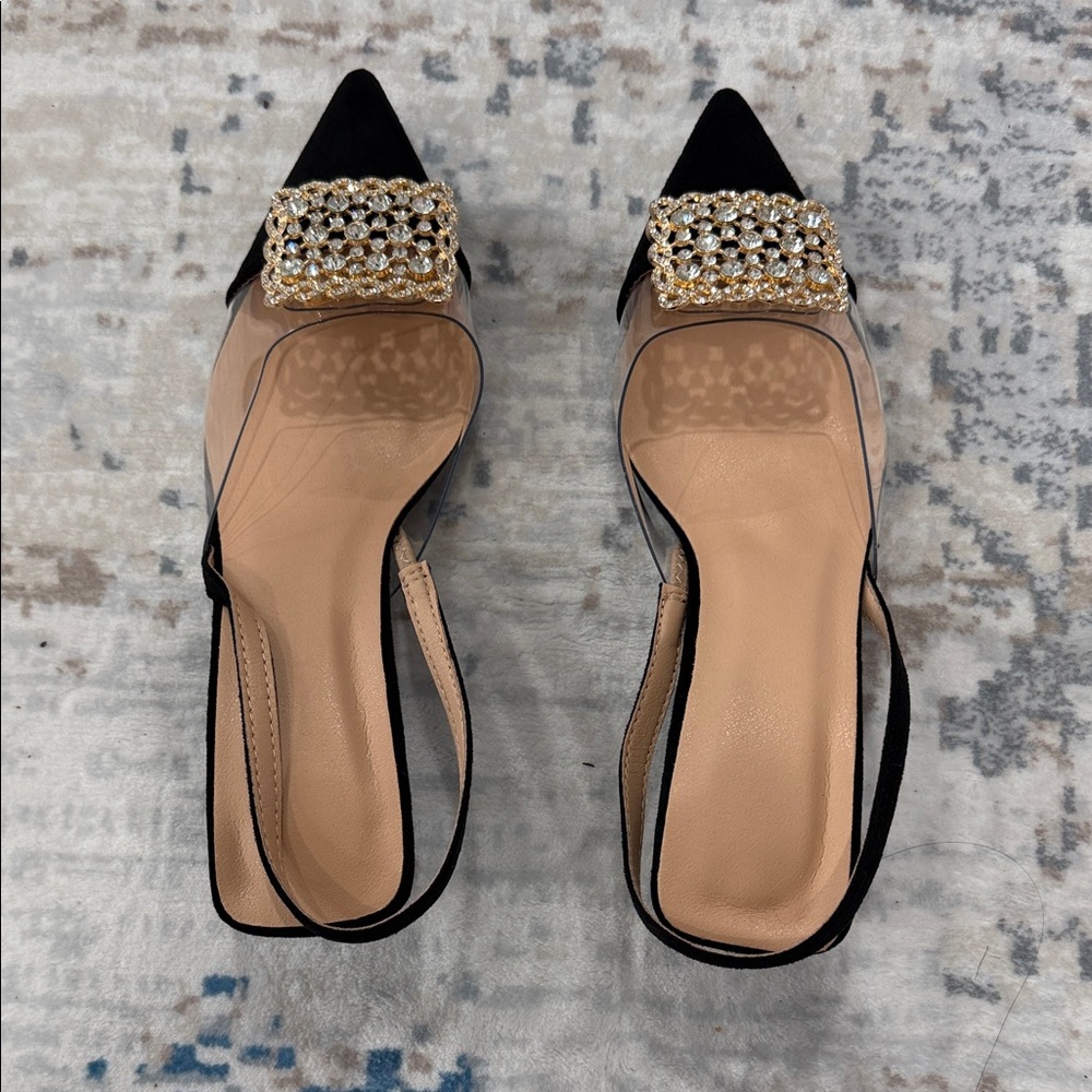 Elegant Pointed Toe Slingback Heels with Crystal Buckle - Black/Tan - Picture 2 of 7
